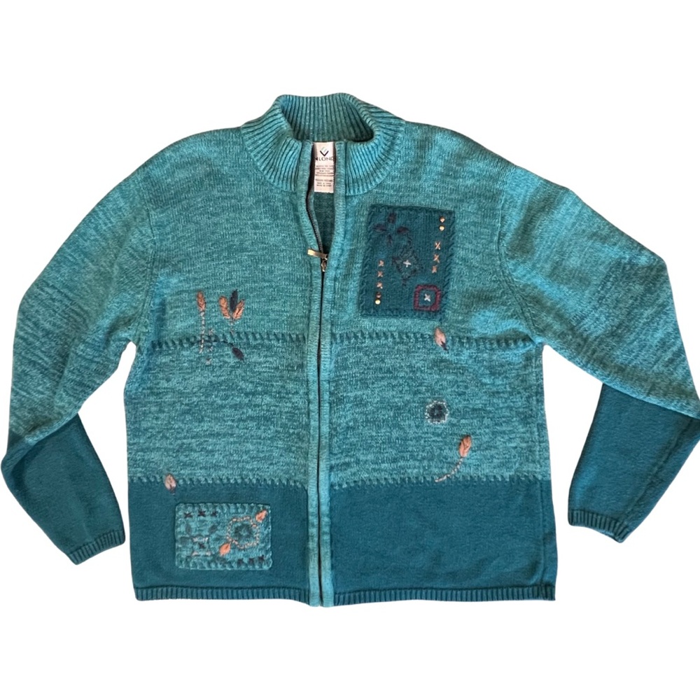 Erin London Ramie Fall Cottagecore Zip Up Sweater Leaves Embroidered Medium Teal